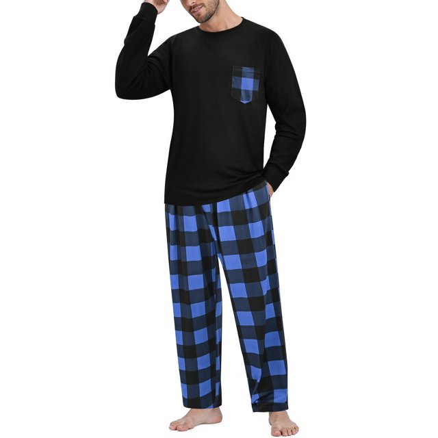 GENTS BLISS Men Pajamas Set Long Sleeve Crew Neck Shirts with Pocket and Plaid Soft Bottoms Sets Sleep Pajamas for Men