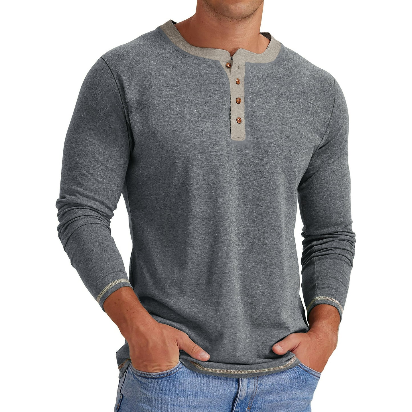 GENTS BLISS Crew Neck Henley Men Shirts Long Sleeve Shirts for Men Casual Color Block Tops