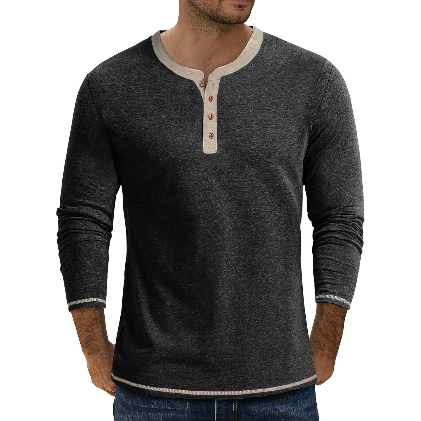 GENTS BLISS Crew Neck Henley Men Shirts Long Sleeve Shirts for Men Casual Color Block Tops