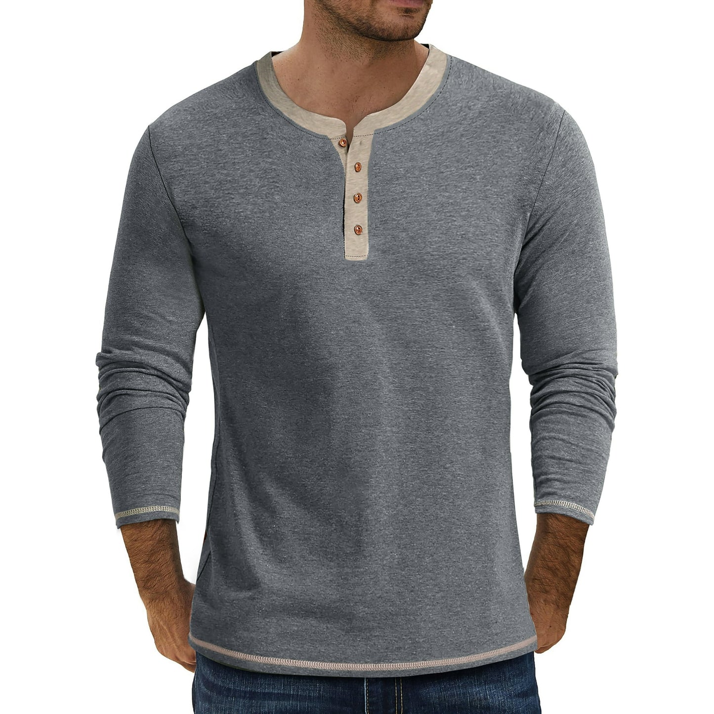 GENTS BLISS Crew Neck Henley Men Shirts Long Sleeve Shirts for Men Casual Color Block Tops