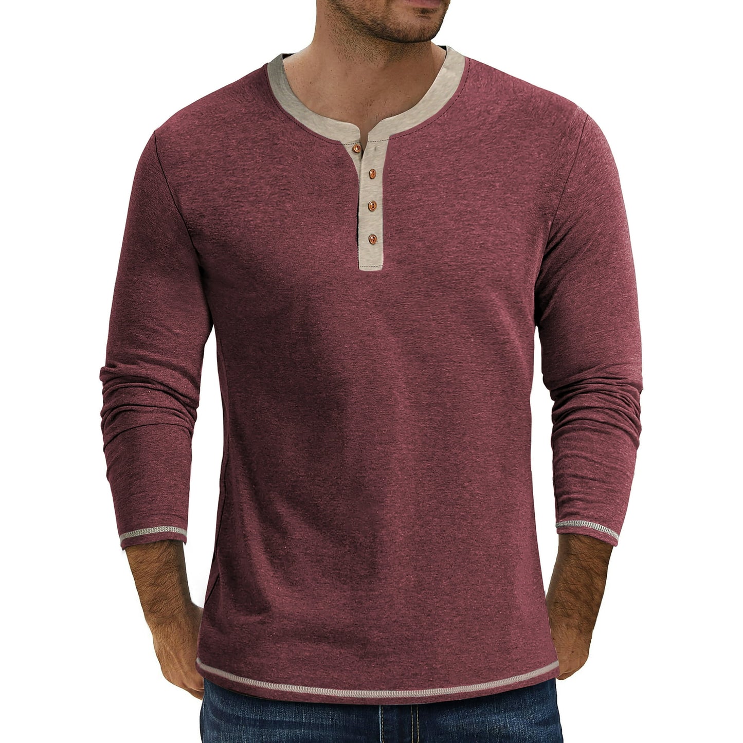 GENTS BLISS Crew Neck Henley Men Shirts Long Sleeve Shirts for Men Casual Color Block Tops