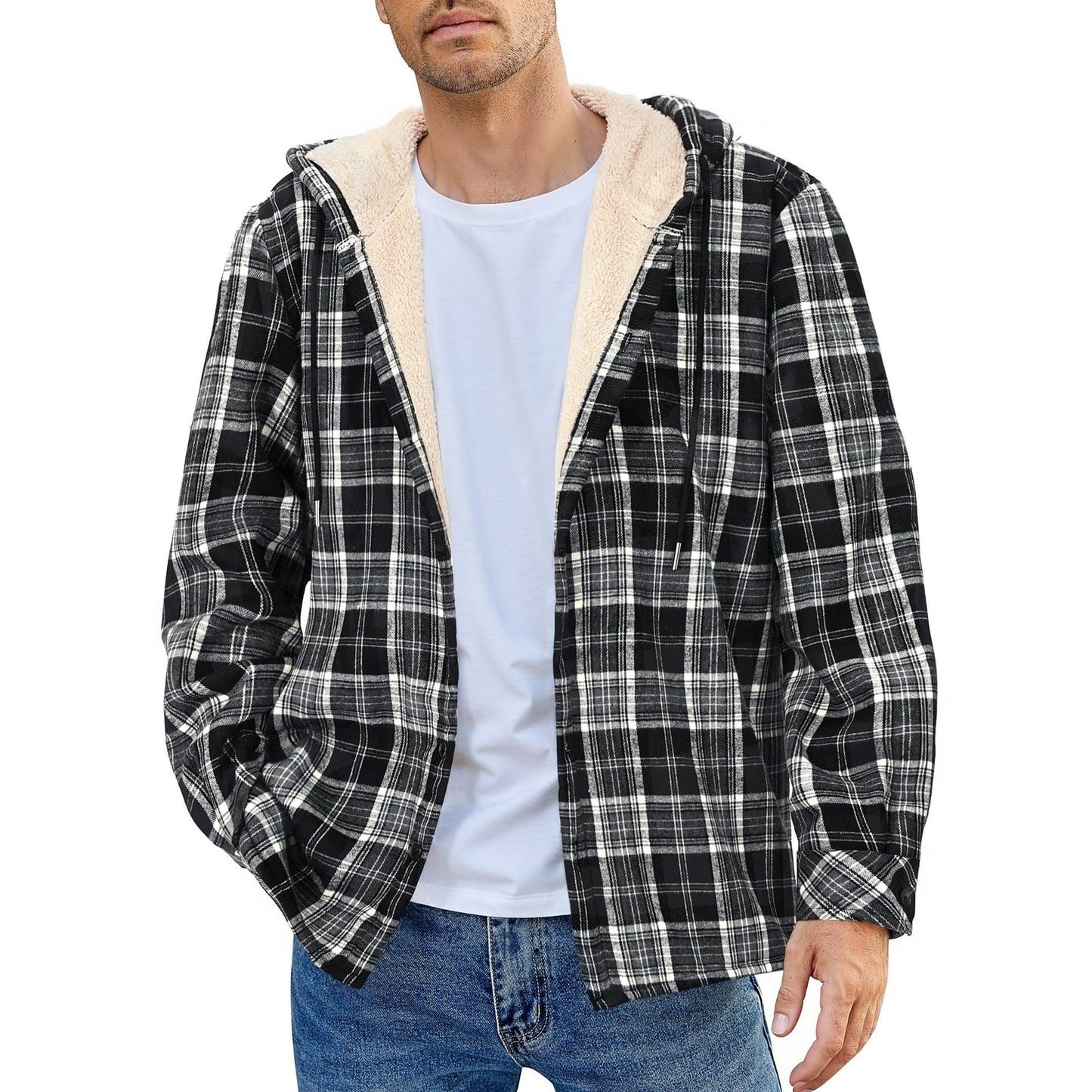 GENTS BLISS Flannel Shirts for Men Plaid Button Up Men Shirts Fleece Hooded Men Jacket Coat with Pocket