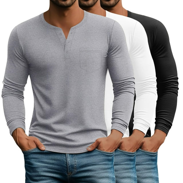 GENTS BLISS Henley Men Shirts Long Sleeve Plain T Shirts for Men 3 Pack Casual Men Tee with Pocket