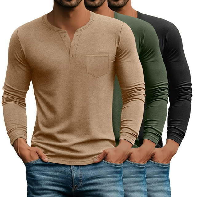 GENTS BLISS Henley Men Shirts Long Sleeve Plain T Shirts for Men 3 Pack Casual Men Tee with Pocket