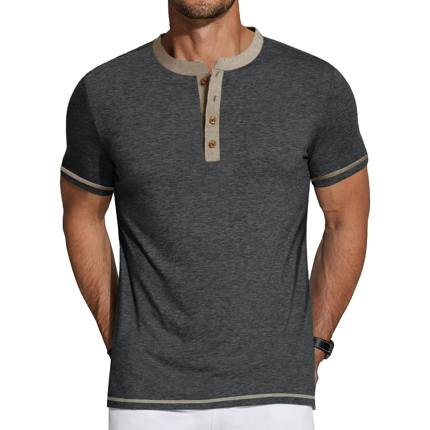 GENTS BLISS Henley Men Shirts Short Sleeve T-shirts for Men Crew Neck Color Block Men Shirts