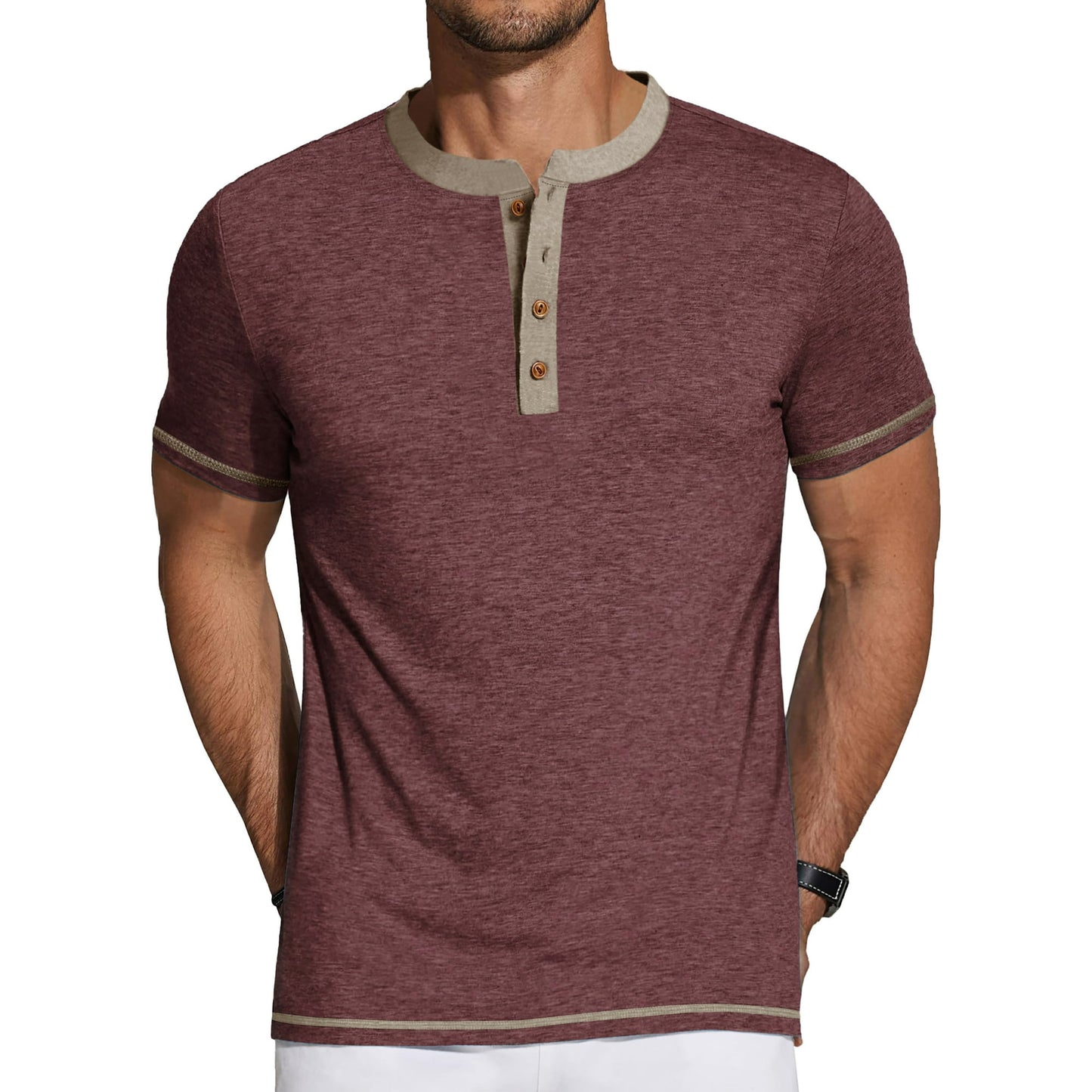 GENTS BLISS Henley Men Shirts Short Sleeve T-shirts for Men Crew Neck Color Block Men Shirts