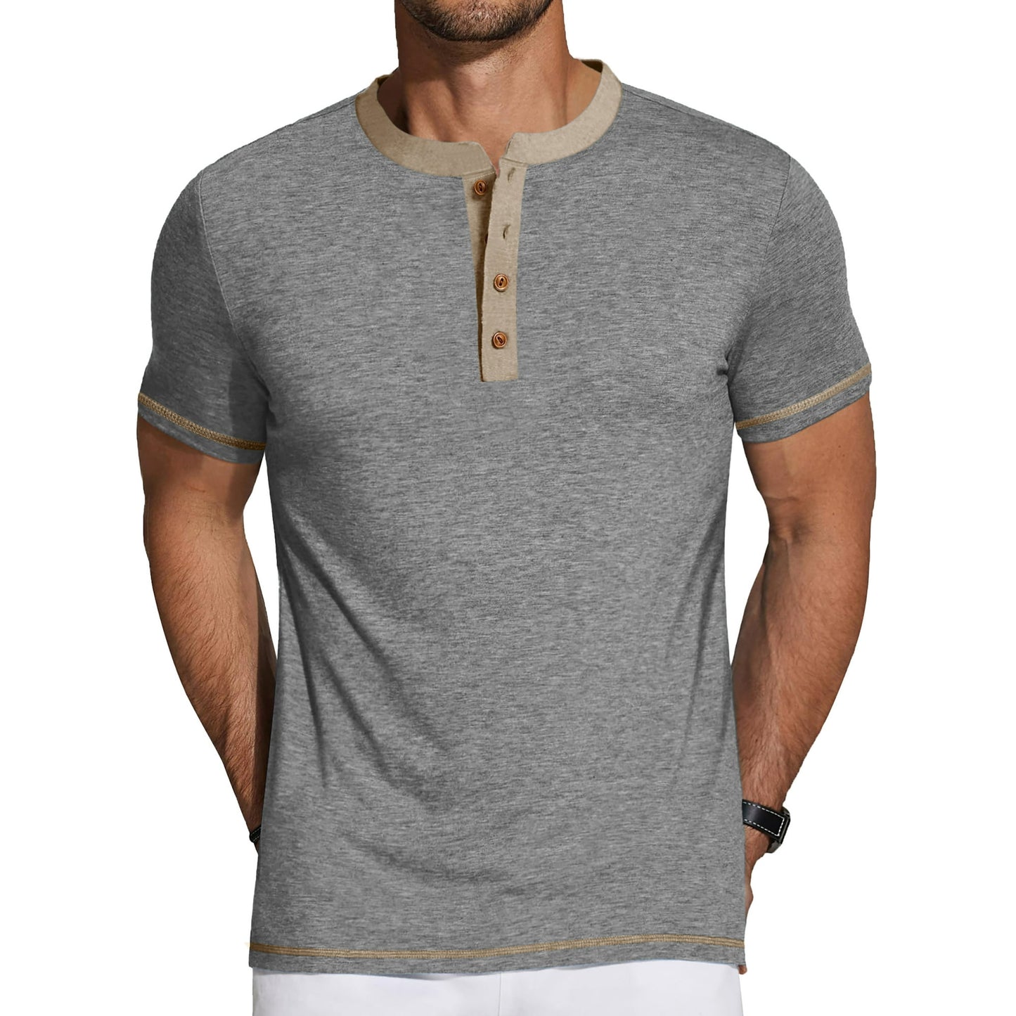 GENTS BLISS Henley Men Shirts Short Sleeve T-shirts for Men Crew Neck Color Block Men Shirts