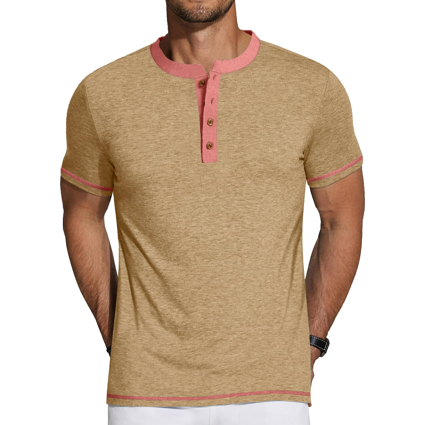 GENTS BLISS Henley Men Shirts Short Sleeve T-shirts for Men Crew Neck Color Block Men Shirts