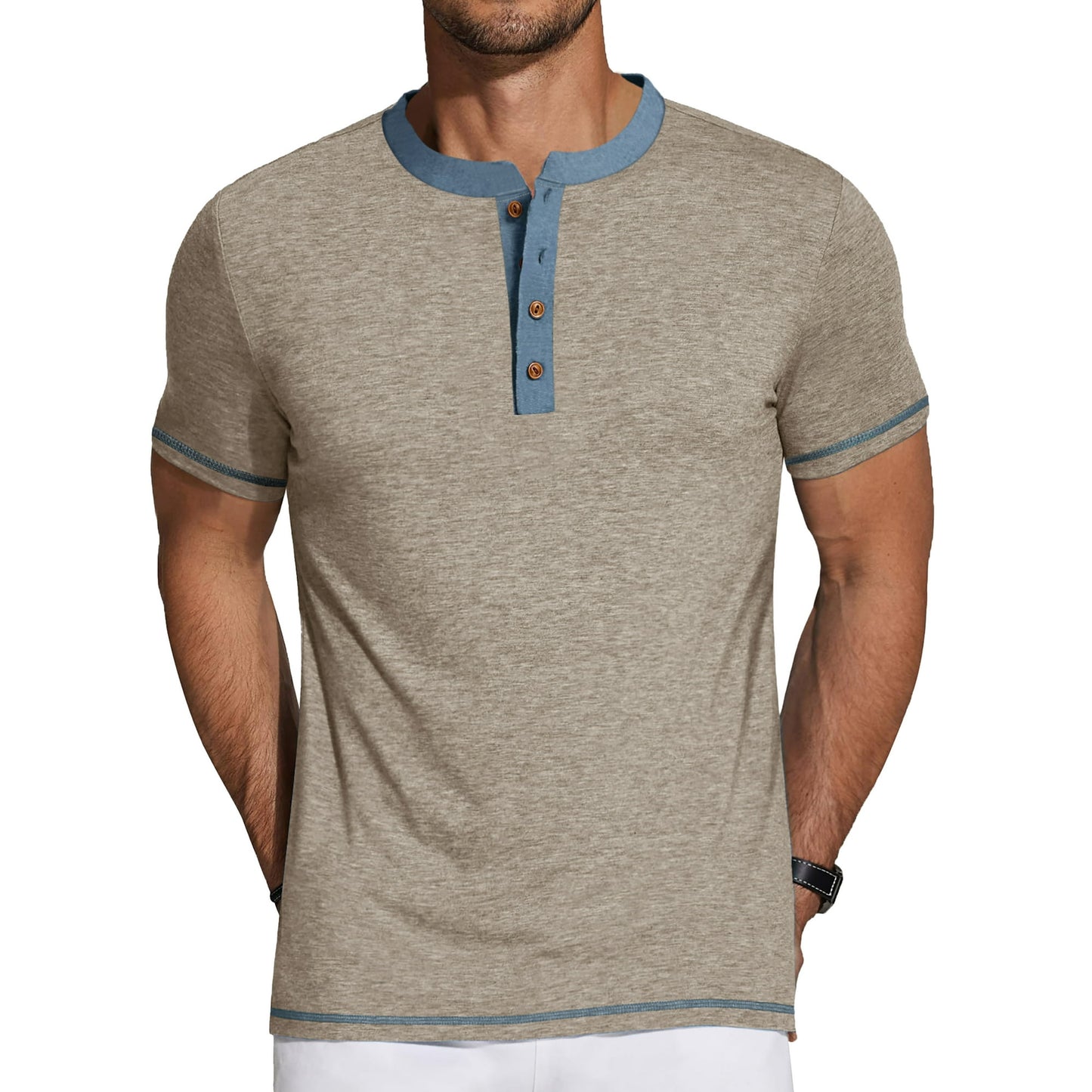 GENTS BLISS Henley Men Shirts Short Sleeve T-shirts for Men Crew Neck Color Block Men Shirts