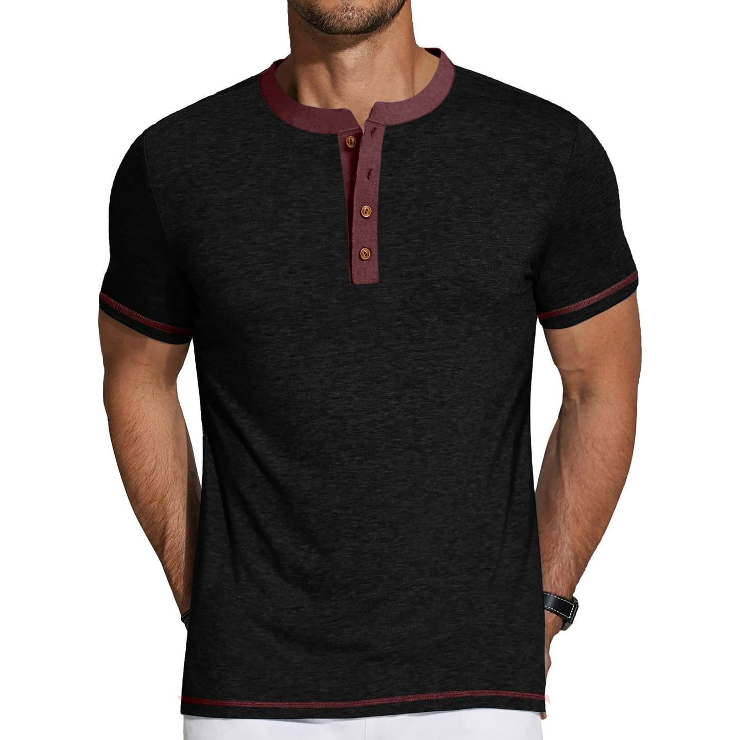 GENTS BLISS Henley Men Shirts Short Sleeve T-shirts for Men Crew Neck Color Block Men Shirts