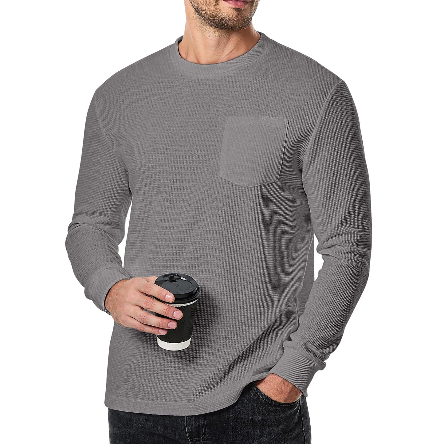 GENTS BLISS Long Sleeve Men Shirts Crew Neck Waffle Shirts for Men Lightweight Men T shirts with Pocket