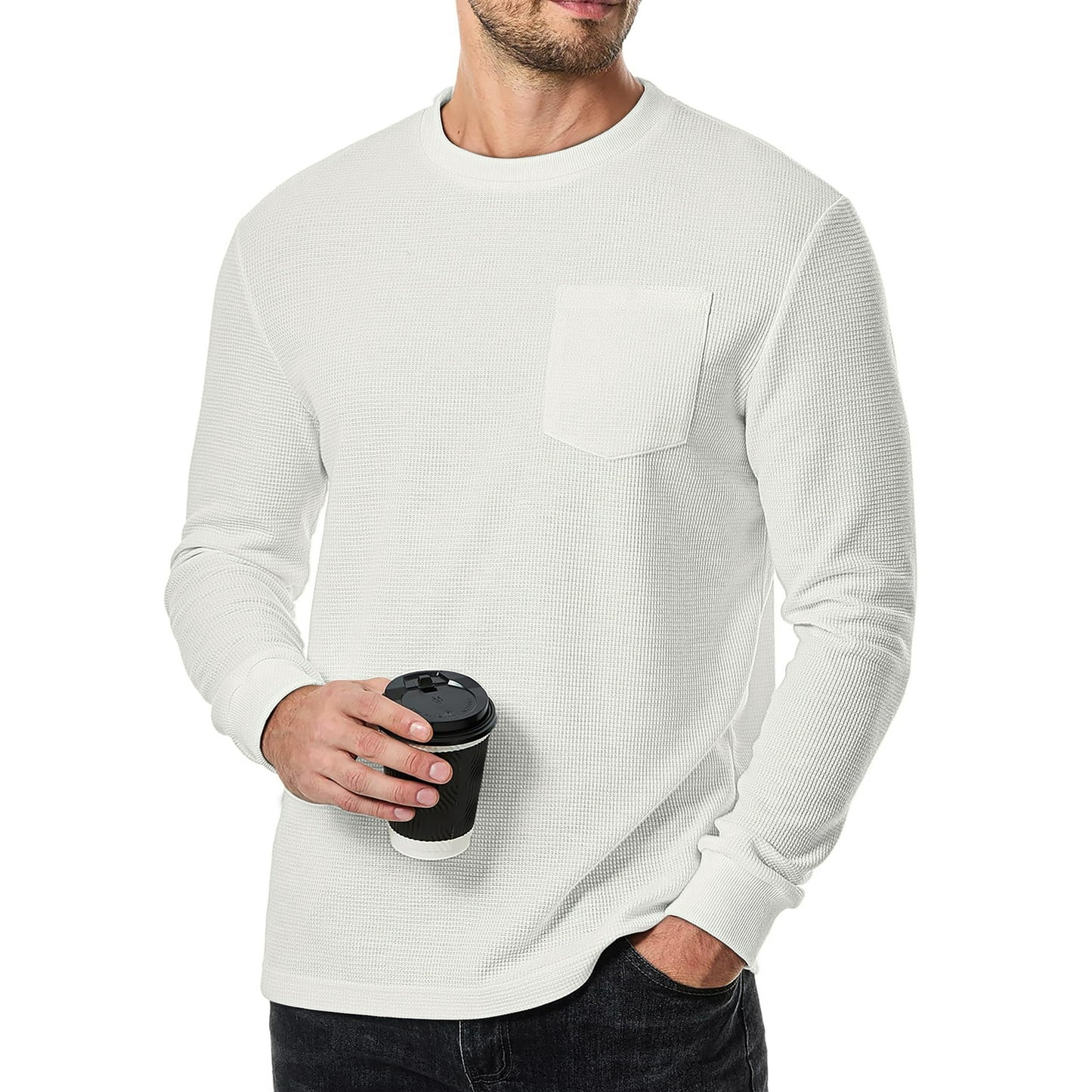 GENTS BLISS Long Sleeve Men Shirts Crew Neck Waffle Shirts for Men Lightweight Men T shirts with Pocket