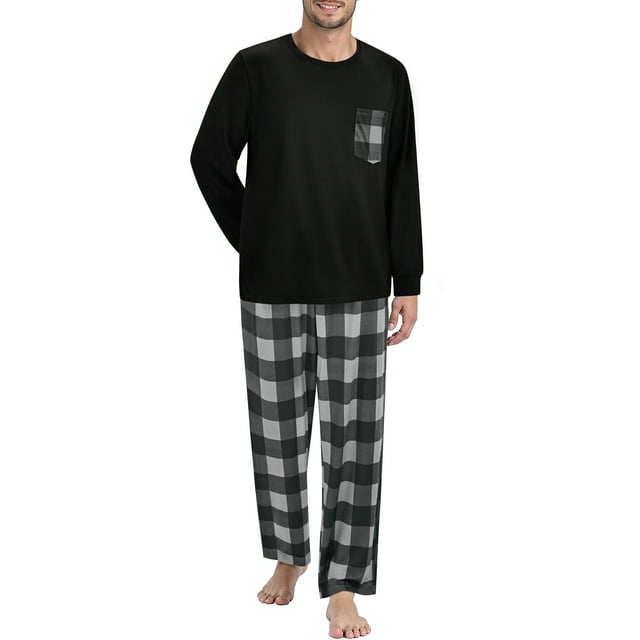 GENTS BLISS Men Pajamas Set Long Sleeve Crew Neck Shirts with Pocket and Plaid Soft Bottoms Sets Sleep Pajamas for Men