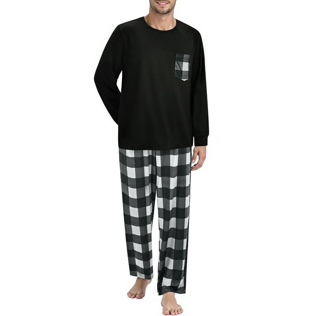 GENTS BLISS Men Pajamas Set Long Sleeve Crew Neck Shirts with Pocket and Plaid Soft Bottoms Sets Sleep Pajamas for Men