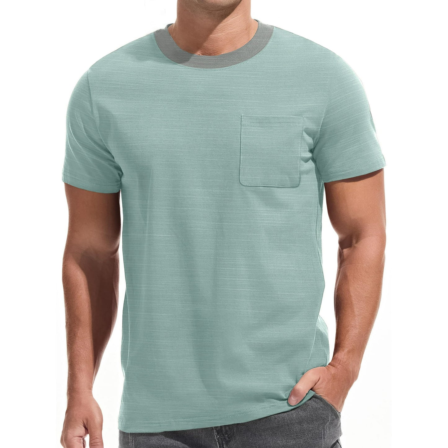 GENTS BLISS Short Sleeve Men T-shirts Ribbed Crew Neck Shirts for Men Color Block Tee Shirts with Pocket