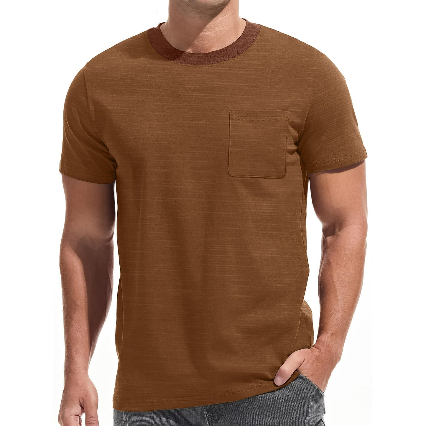 GENTS BLISS Short Sleeve Men T-shirts Ribbed Crew Neck Shirts for Men Color Block Tee Shirts with Pocket