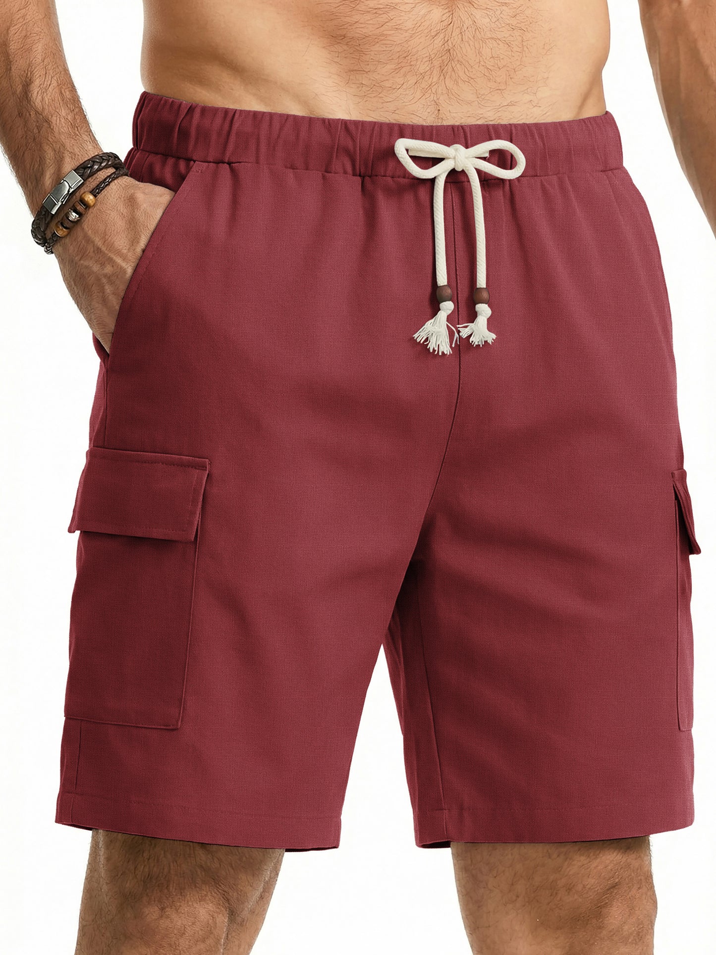 GENTS BLISS Cargo Men Linen Shorts Elastic Waist Drawstring Shorts for Men Summer Beach Shorts with Pockets