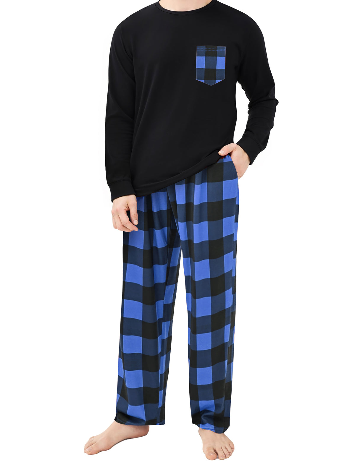 GENTS BLISS Men Pajamas Set Long Sleeve Crew Neck Shirts with Pocket and Plaid Soft Bottoms Sets Sleep Pajamas for Men
