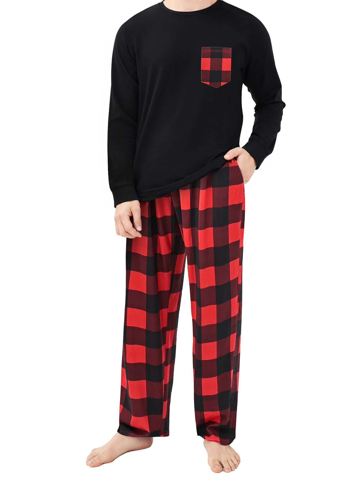 GENTS BLISS Men Pajamas Set Long Sleeve Crew Neck Shirts with Pocket and Plaid Soft Bottoms Sets Sleep Pajamas for Men