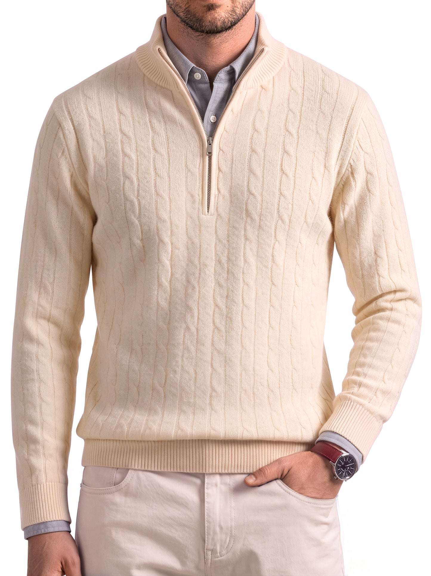 GENTS BLISS Long Sleeve Men Sweaters Zipper Pullover Knitted Sweaters for Men Twist Textured Cable Men Sweaters
