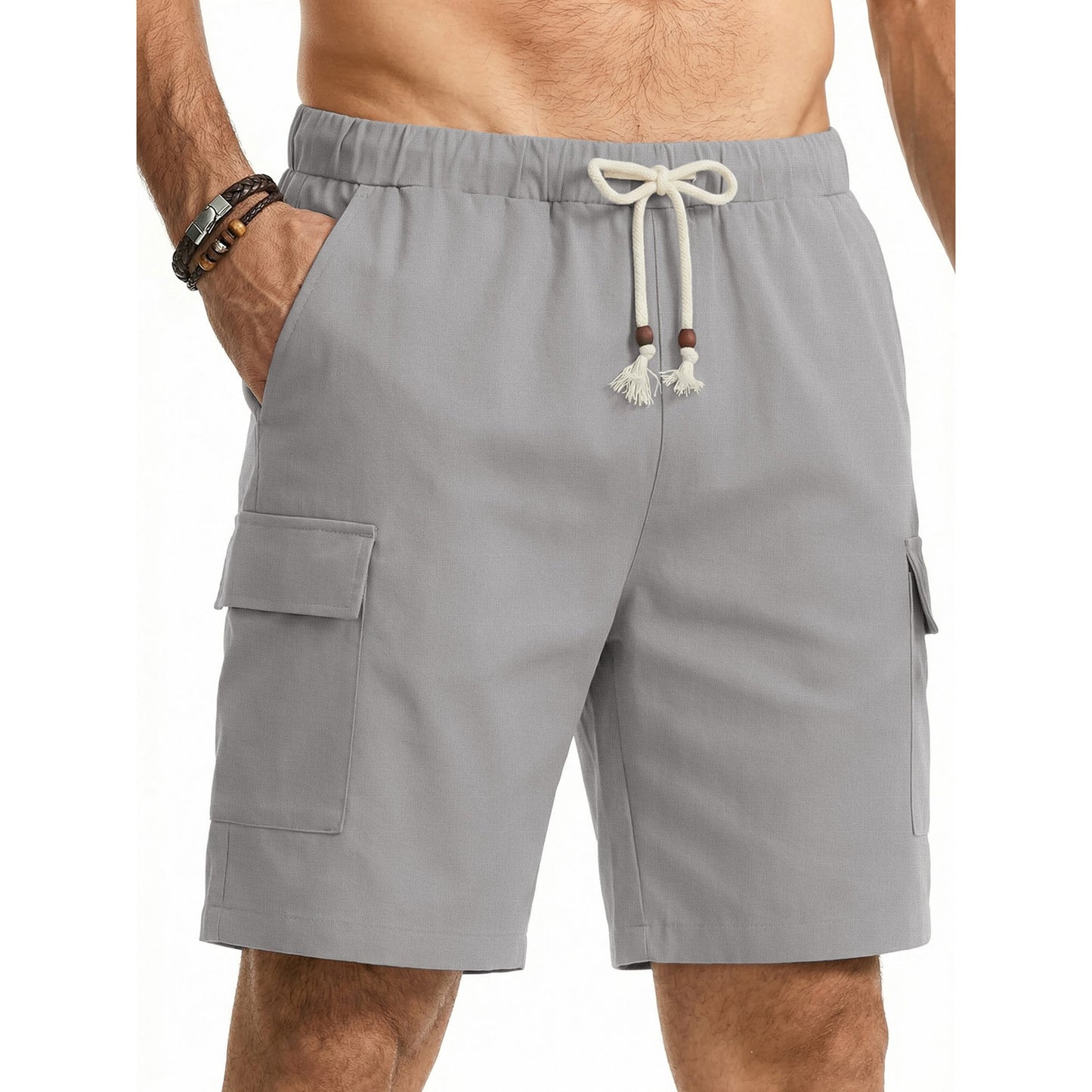 GENTS BLISS Cargo Men Linen Shorts Elastic Waist Drawstring Shorts for Men Summer Beach Shorts with Pockets