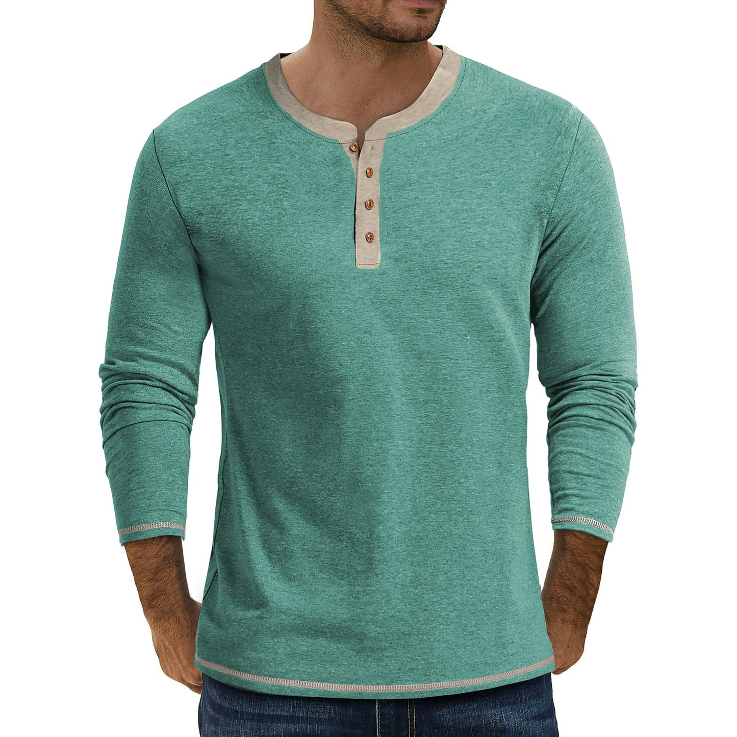 GENTS BLISS Crew Neck Henley Men Shirts Long Sleeve Shirts for Men Casual Color Block Tops