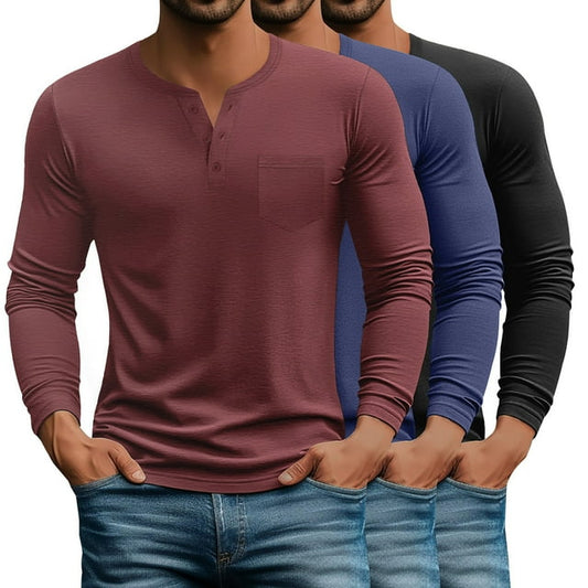 GENTS BLISS Henley Men Shirts Long Sleeve Plain T Shirts for Men 3 Pack Casual Men Tee with Pocket