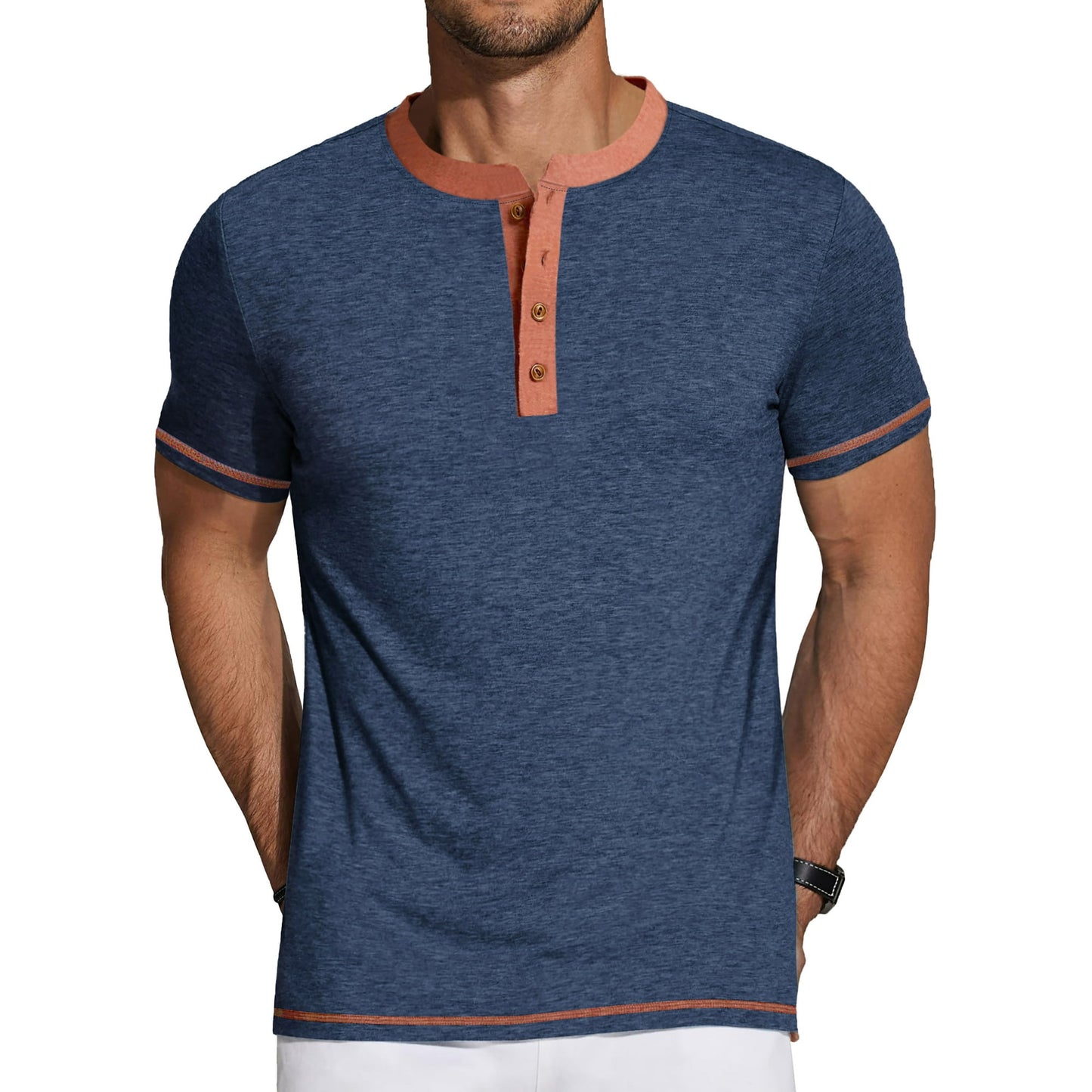 GENTS BLISS Henley Men Shirts Short Sleeve T-shirts for Men Crew Neck Color Block Men Shirts