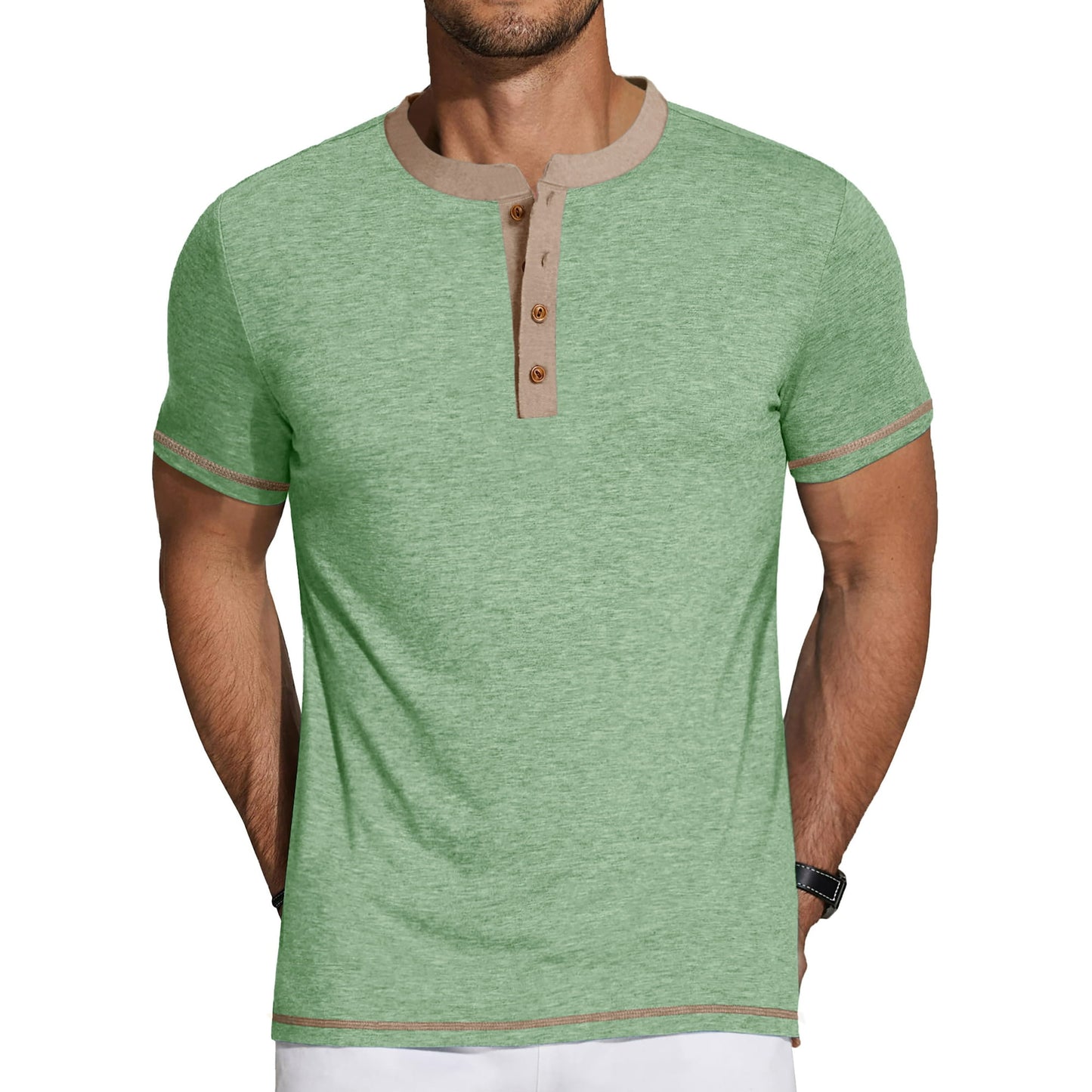 GENTS BLISS Henley Men Shirts Short Sleeve T-shirts for Men Crew Neck Color Block Men Shirts
