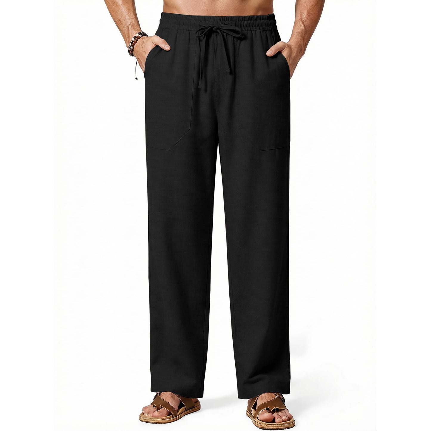 GENTS BLISS Linen Men Pants Elastic Waist Drawstring Pants for Men Casual Beach Men Pants with Pocket