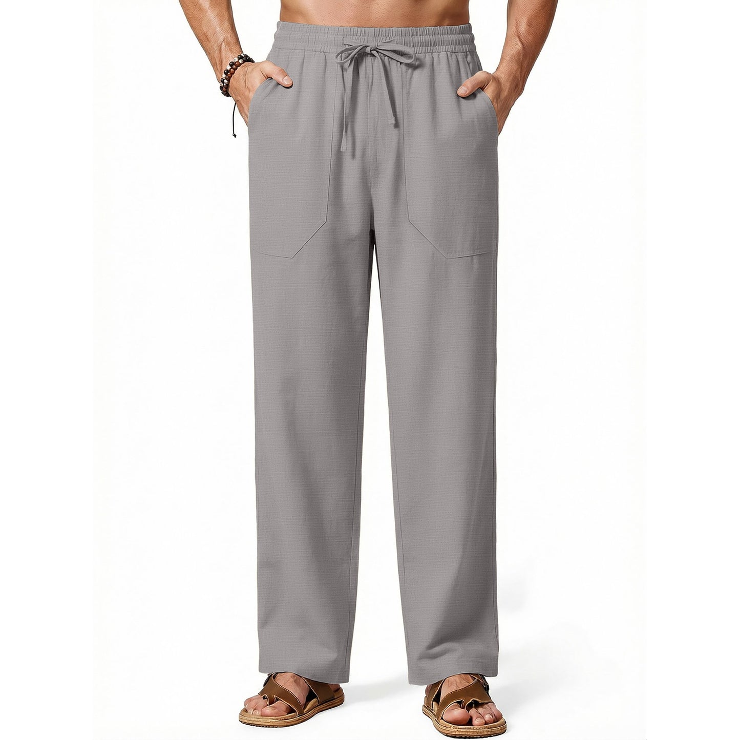 GENTS BLISS Linen Men Pants Elastic Waist Drawstring Pants for Men Casual Beach Men Pants with Pocket