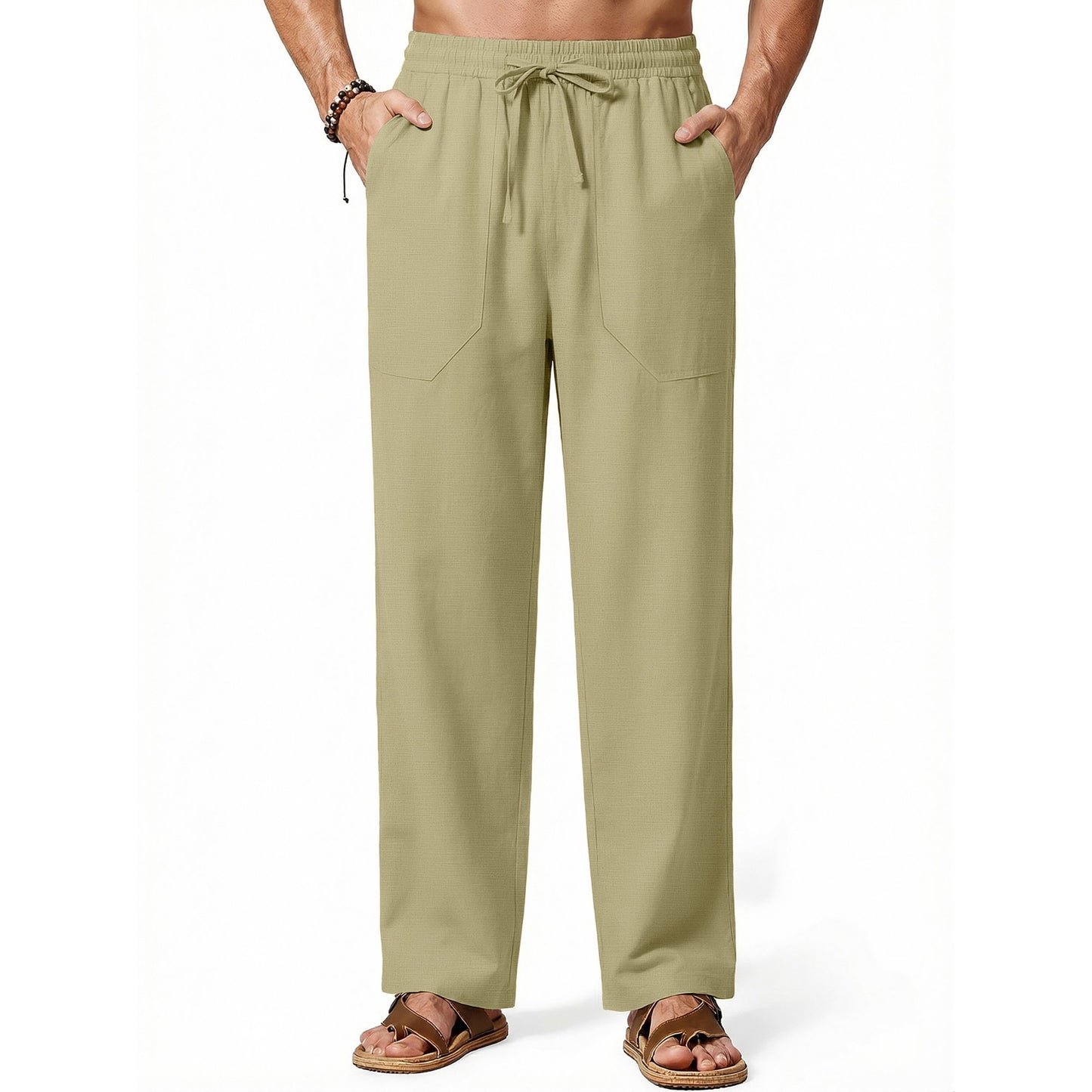 GENTS BLISS Linen Men Pants Elastic Waist Drawstring Pants for Men Casual Beach Men Pants with Pocket