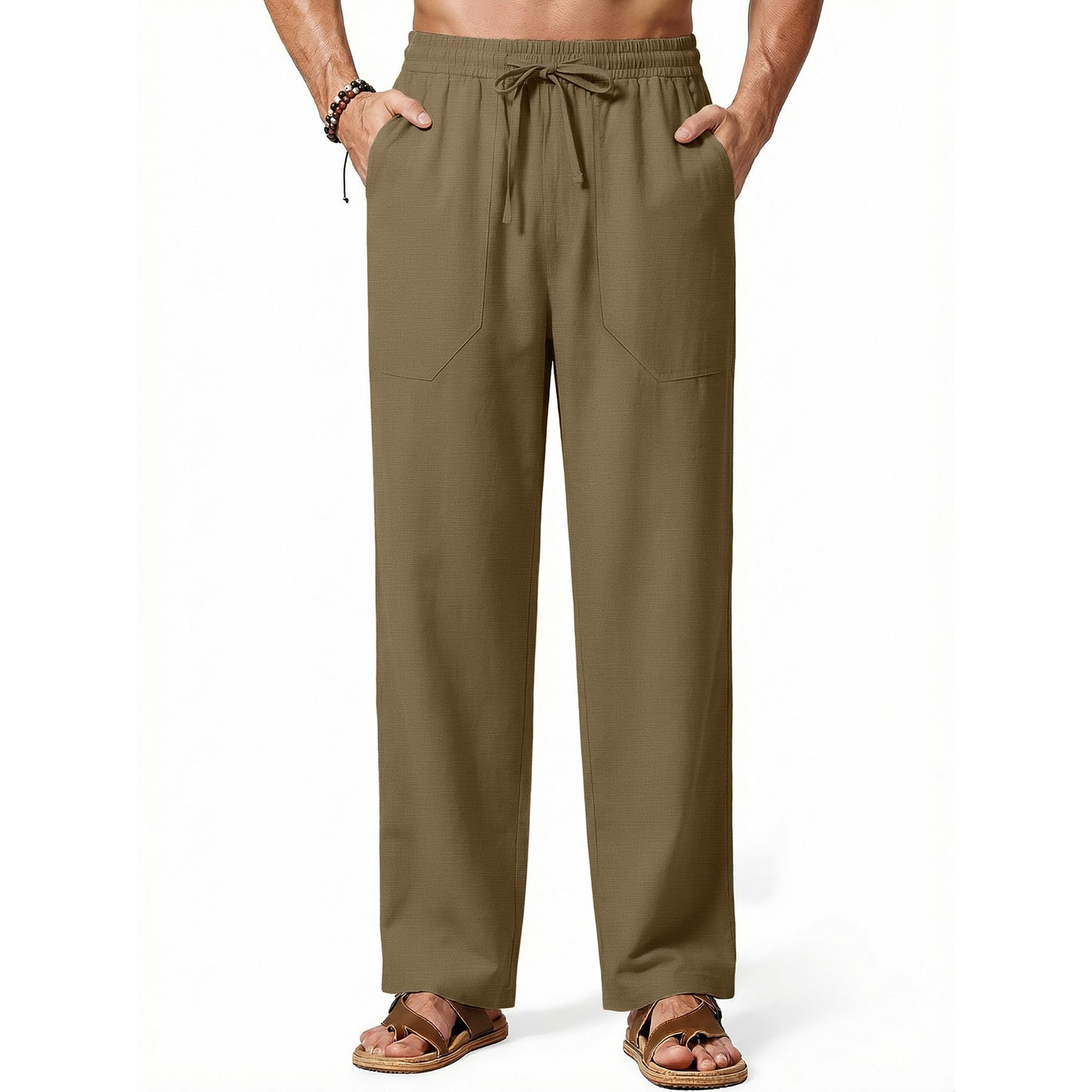 GENTS BLISS Linen Men Pants Elastic Waist Drawstring Pants for Men Casual Beach Men Pants with Pocket