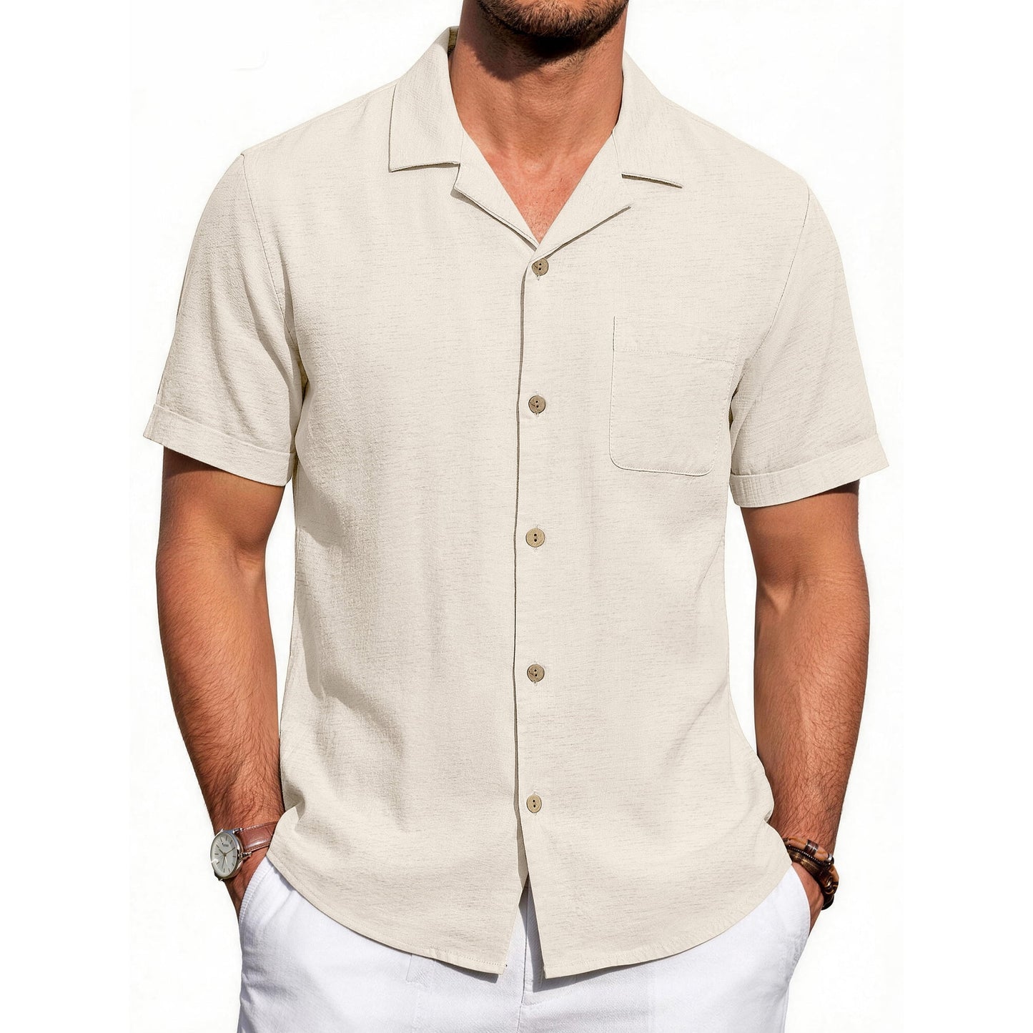 GENTS BLISS Men Linen Shirts Casual Short Sleeve Button Down Shirts for Men Beach Tops with Pocket