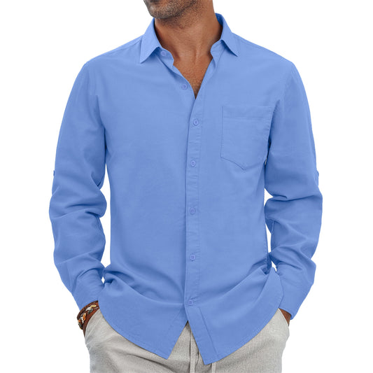 GENTS BLISS Men Linen Shirts Long Sleeve Button Down Shirts for Men Roll-up Solid Shirts with Pocket