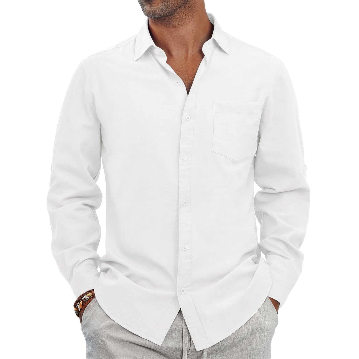 GENTS BLISS Men Linen Shirts Long Sleeve Button Down Shirts for Men Roll-up Solid Shirts with Pocket