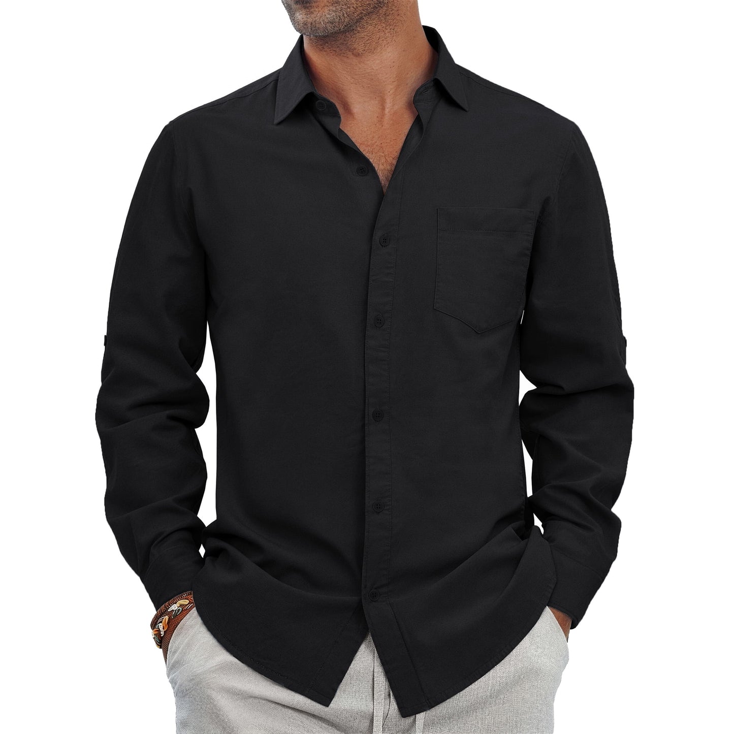 GENTS BLISS Men Linen Shirts Long Sleeve Button Down Shirts for Men Roll-up Solid Shirts with Pocket