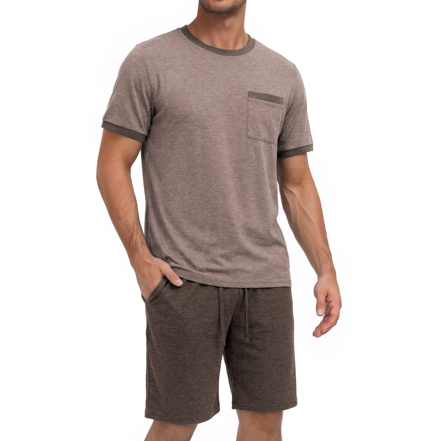 GENTS BLISS Men Pajamas Set Crewneck 2 Piece Set Short Sleeve Shirt with Color Block Pocket and Soft Shorts Loungewear