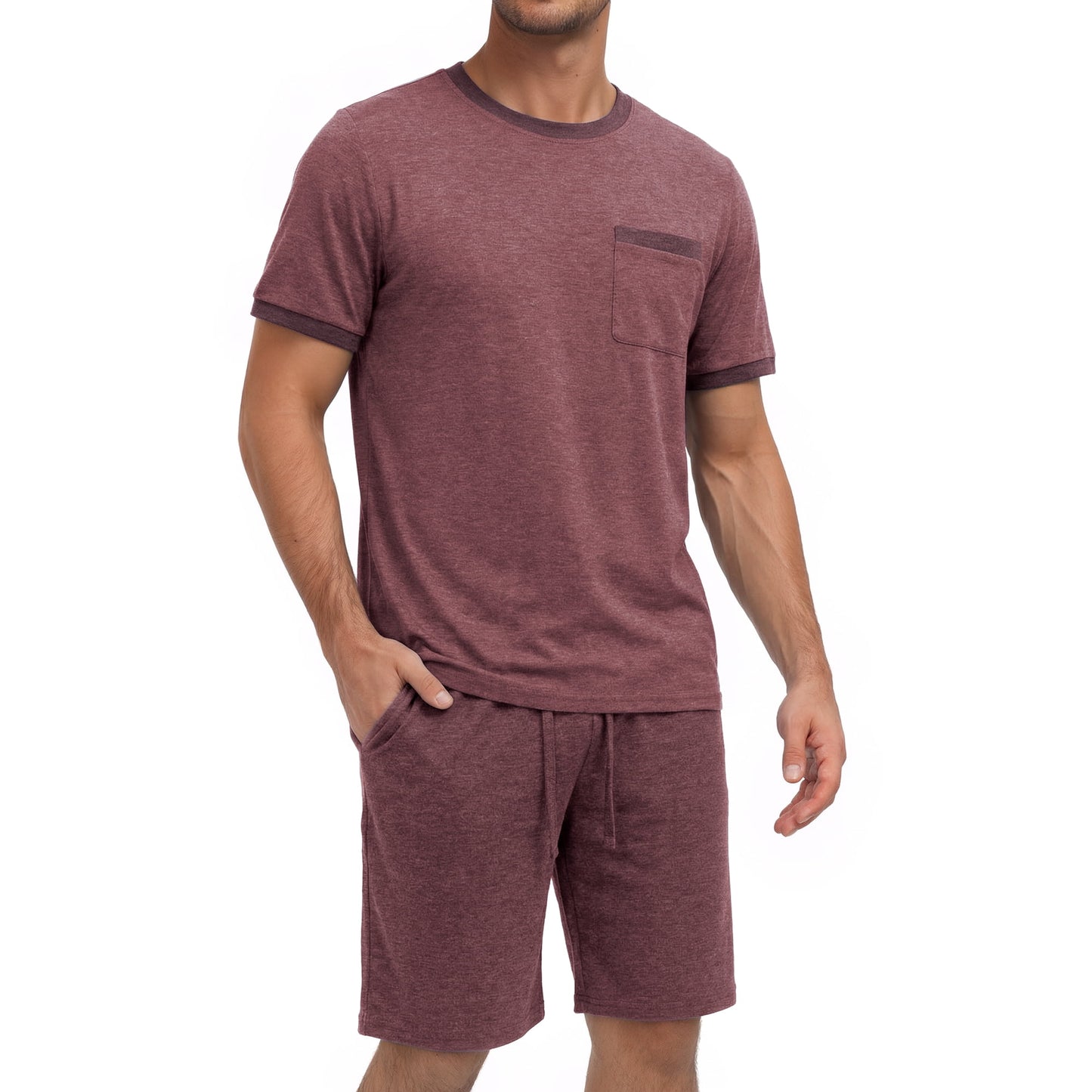 GENTS BLISS Men Pajamas Set Crewneck 2 Piece Set Short Sleeve Shirt with Color Block Pocket and Soft Shorts Loungewear