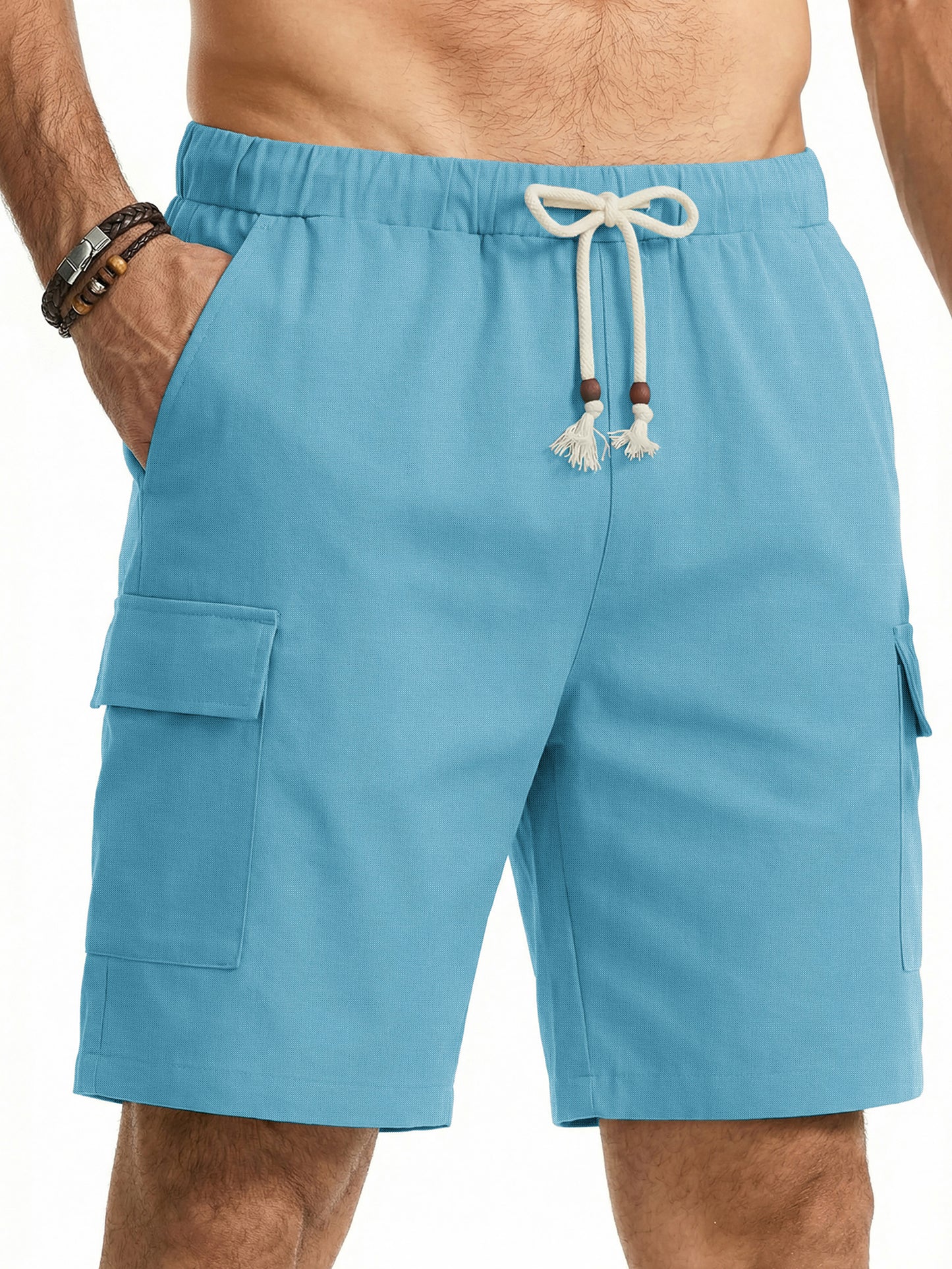 GENTS BLISS Cargo Men Linen Shorts Elastic Waist Drawstring Shorts for Men Summer Beach Shorts with Pockets