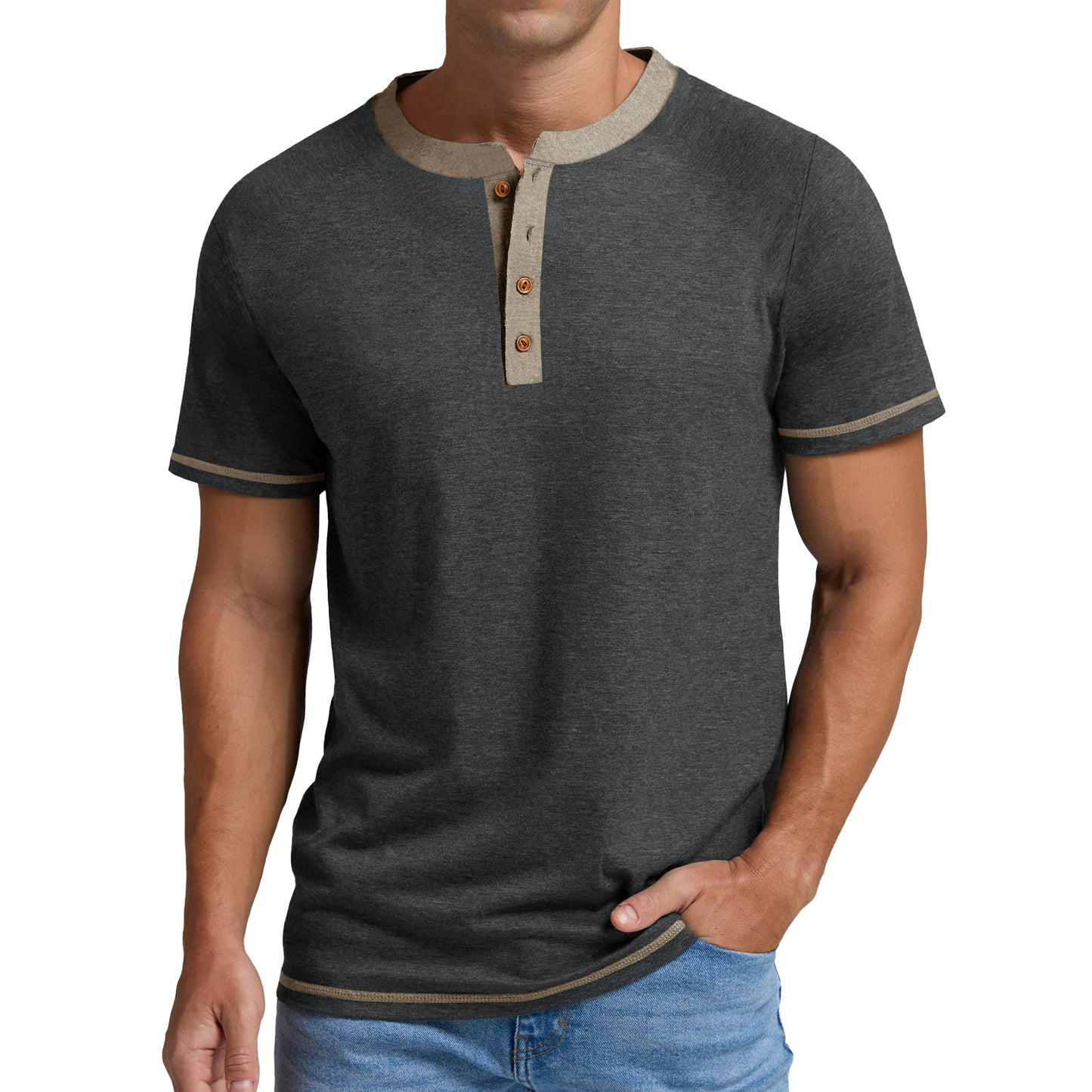 GENTS BLISS Henley Men Shirts Short Sleeve T-shirts for Men Crew Neck Color Block Men Shirts