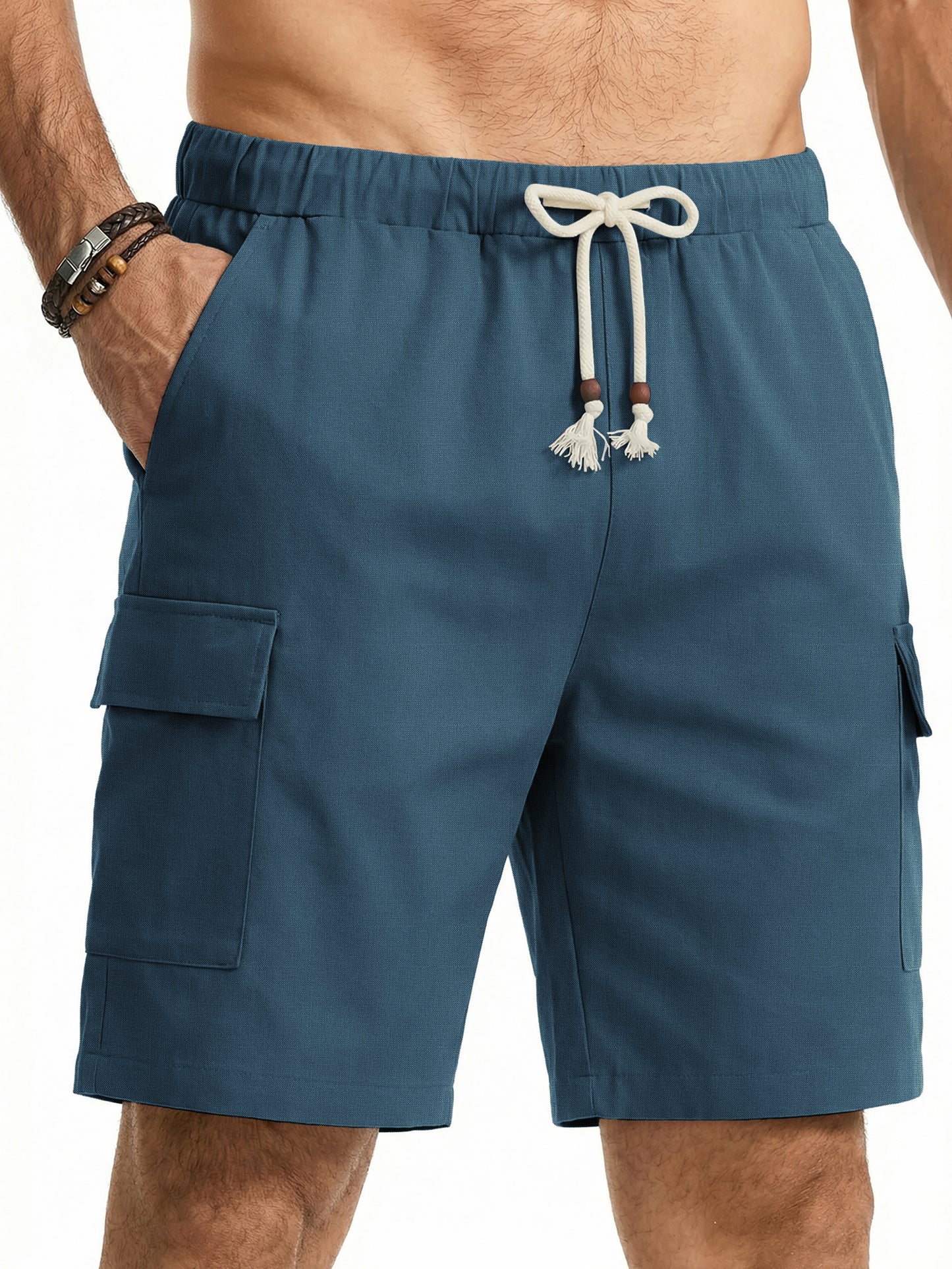 GENTS BLISS Cargo Men Linen Shorts Elastic Waist Drawstring Shorts for Men Summer Beach Shorts with Pockets